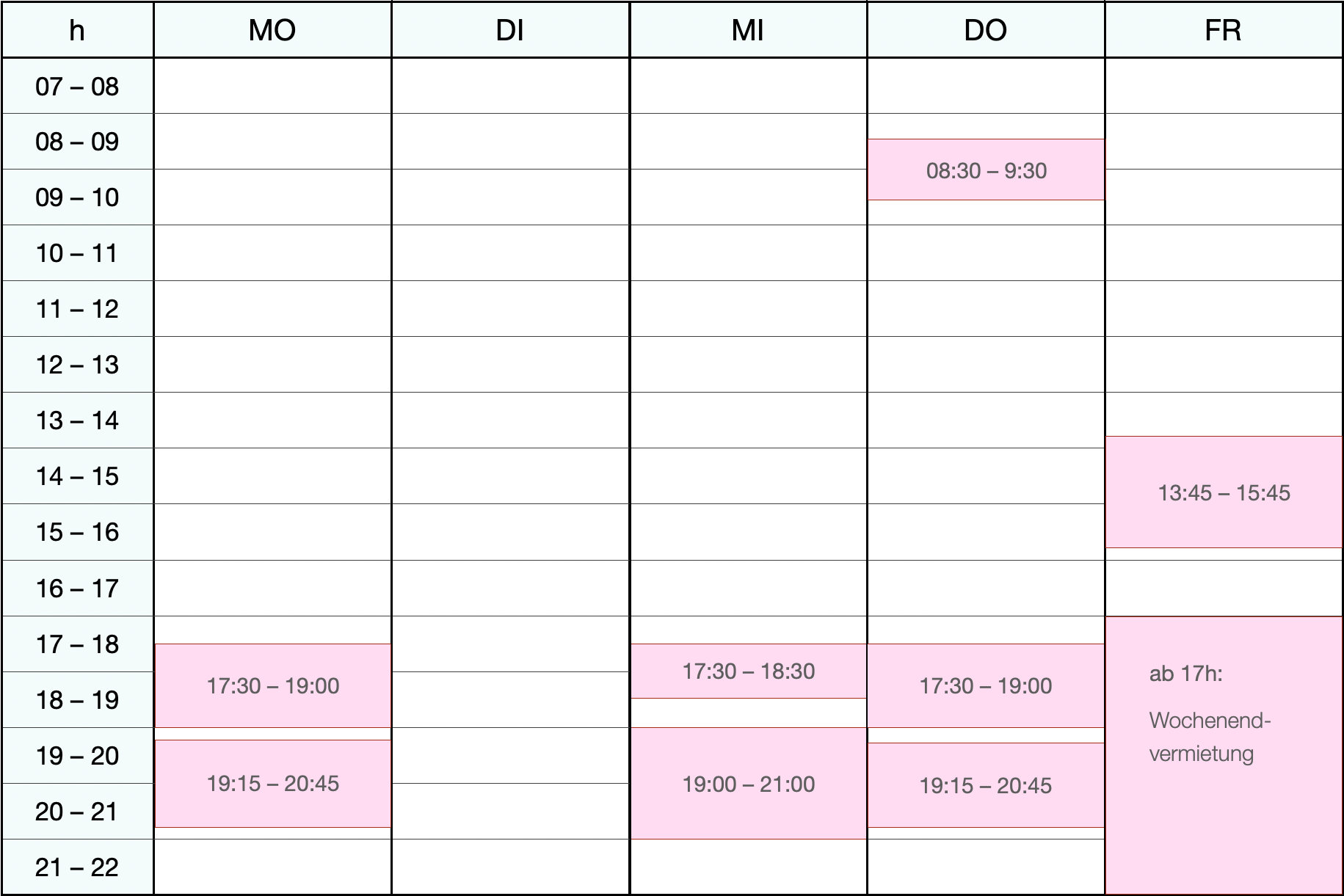 Belegungsplan Bewegungsraum L33 Freiburg – Wochenplan